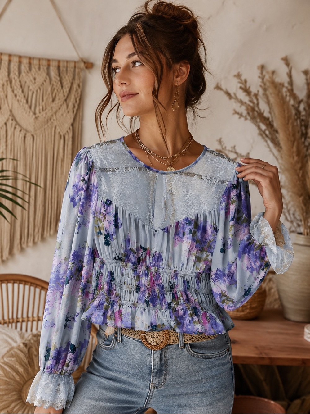 NWT Free People Light Blue & Purple Floral Lace-Trim Smocked Blouse Retail $128